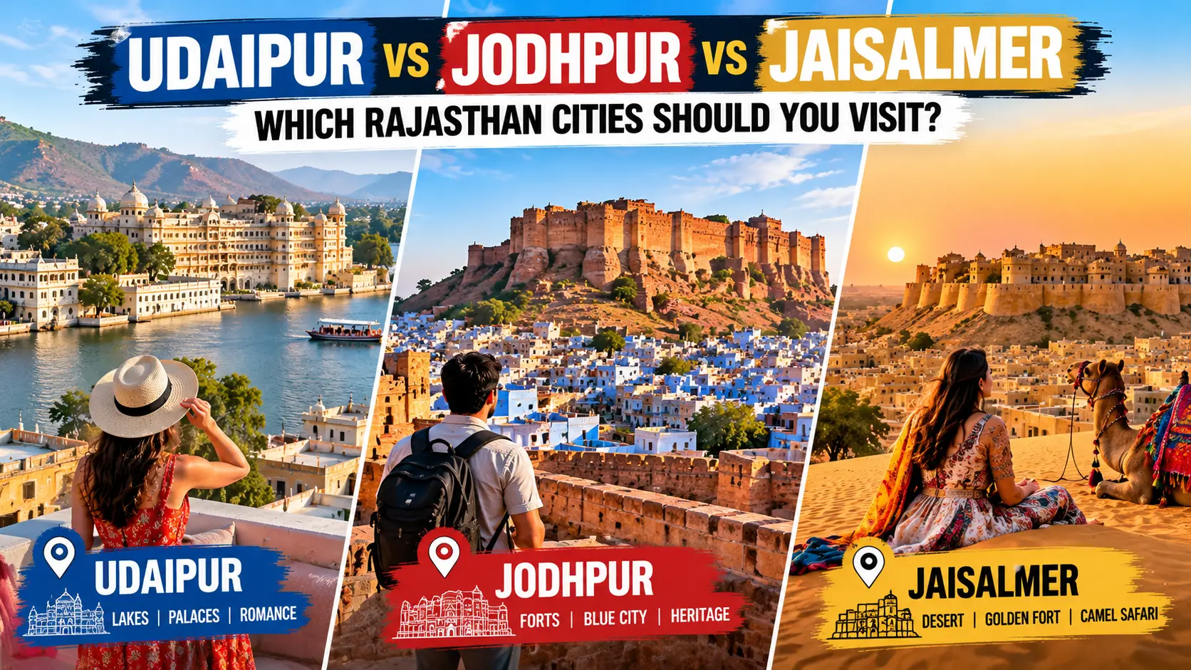 Udaipur vs Jodhpur vs Jaisalmer travel guide featuring Udaipur’s lakes and palaces, Jodhpur’s Mehrangarh Fort and Blue City, and Jaisalmer’s golden desert fort and camel safari.