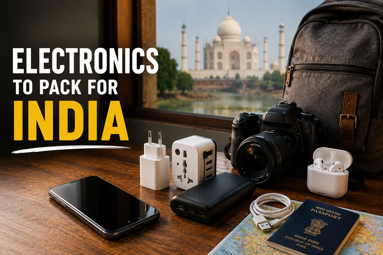 What essential electronics should an international tourist pack for India? Travel gear featuring a smartphone, universal adapter, power bank, camera, earbuds, backpack, and passport for a hassle-free trip.