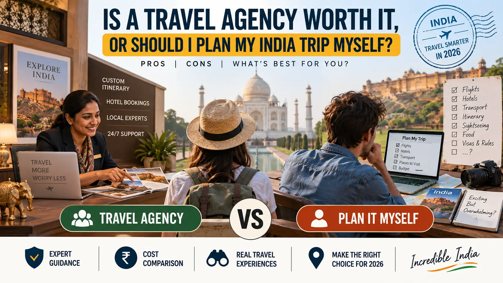 **SEO-Optimized Alt Text:** Travel agency vs DIY India trip planning comparison showing a travel advisor and independent traveler with itinerary, hotel, transport, cost, and travel planning options.
